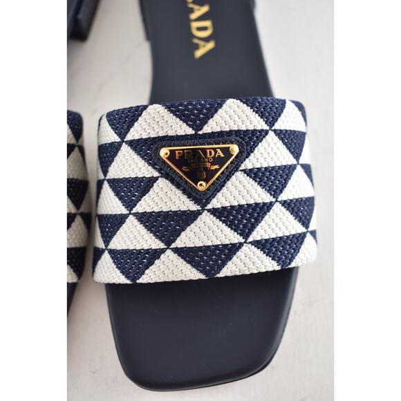 Prada Jacquard Triangle Logo Baltico Talco Blue White Slide Sandal Flat Mule 36 - Picture 8 of 15